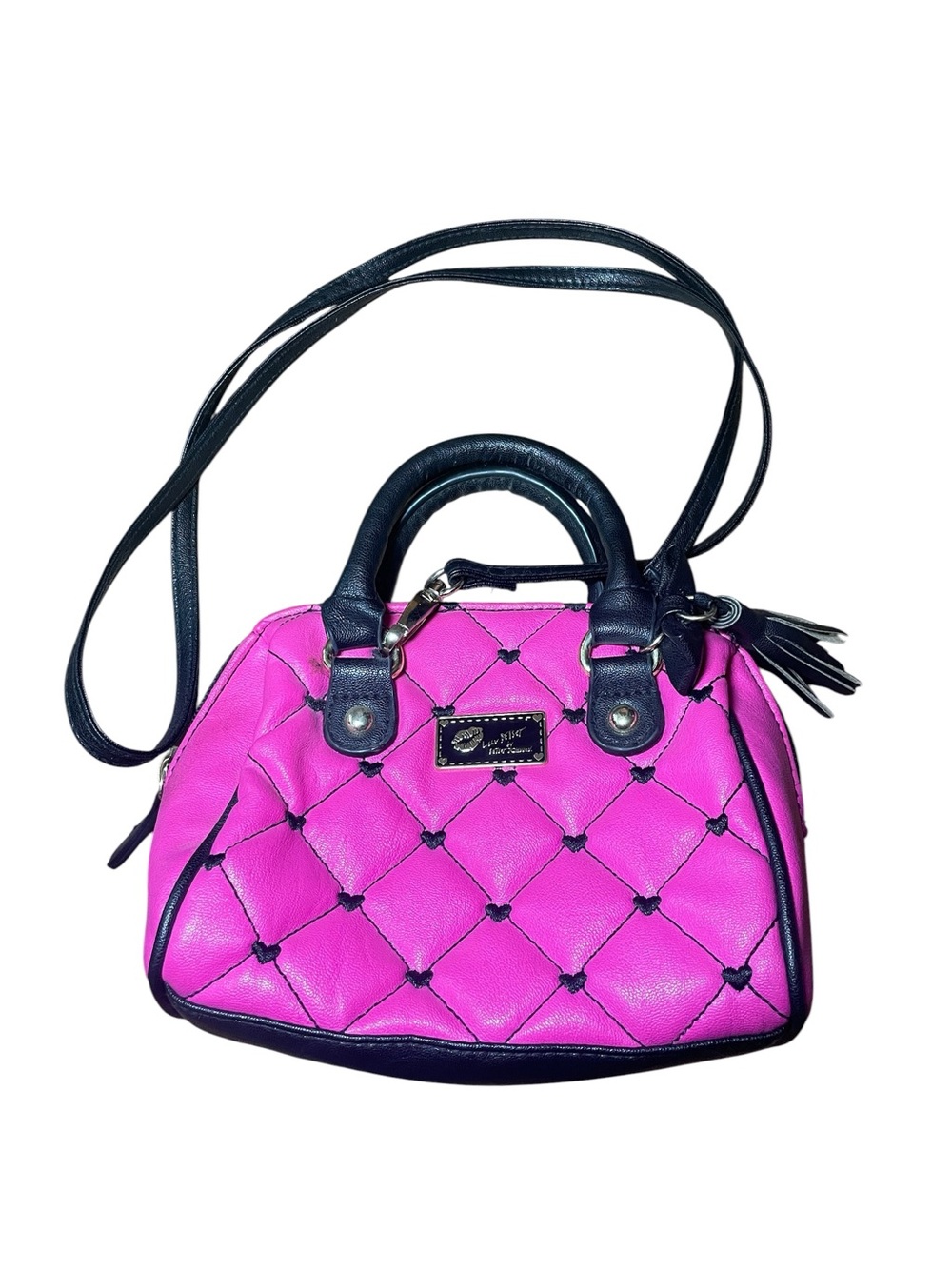 Luv Betsey Johnson Quilted Heart Satchel Bag Crossbody Pink Black Bow Tassel Y2K